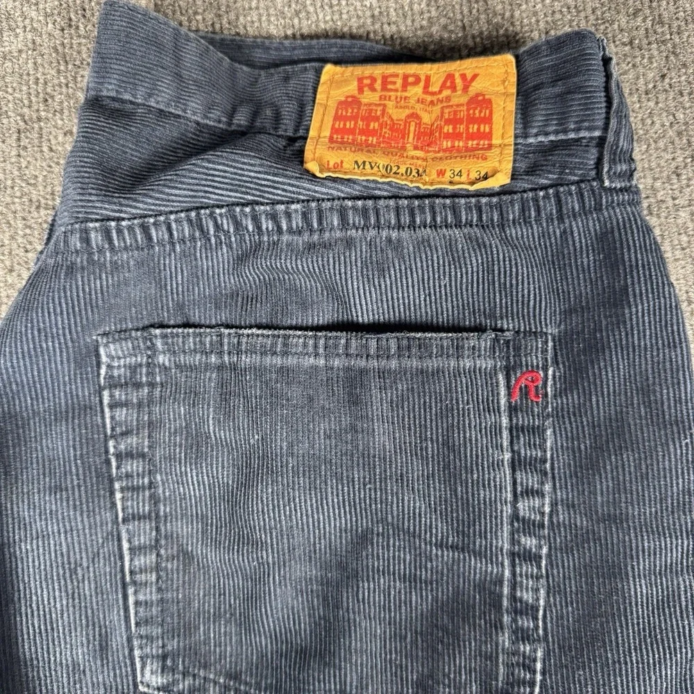 Vintage Replay Corduroy Pants Men's 34x34 Blue Made in Italy Button Fly